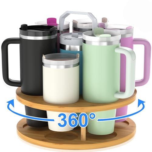 Organizador de botellas de agua de 7 ranuras para vaso Stanley de 40 onzas con asa, soporte organizador de tazas Stanley giratorio de madera de bambú, organizadores de cocina y almacenamiento para