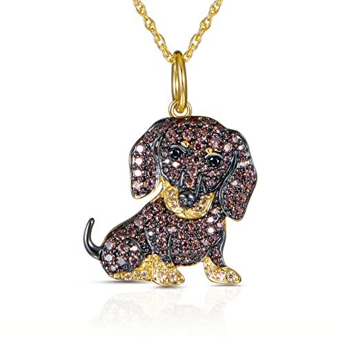 Scamper & Co Dachshund Pendant Necklace For Women And Girls - Genuine Gemstone And Cubic Zirconia Puppy Charm With Elegant Bone Pattern Backplate On Real, Premium Plated Sterling Silver Chain With Easy Closure Lobster Claw Clasp, 18 Inch #TOP16
