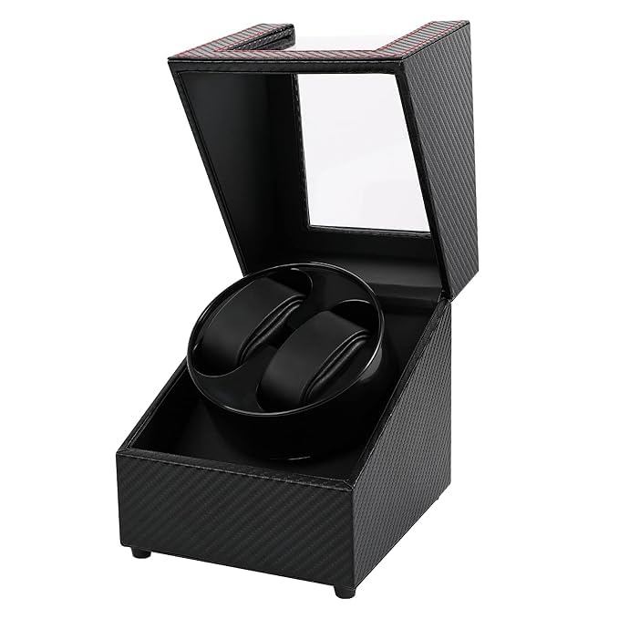 Image of Double Automatic Watch Winder Box, Automatic Watch Display Storage Rotation Wristwatch Box with 2 Slots-Black (CARBON)