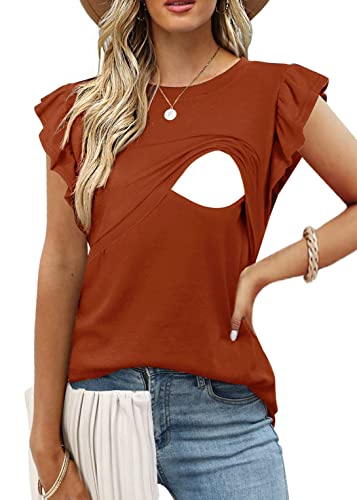 Image of CzzzyL Women Nursing Flutter Sleeve Tops Crew Neck Blouse T Shirts