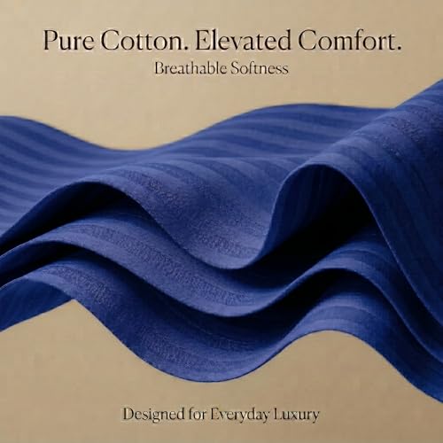 Image of Mafatlal Italian Strip King Size Bed Sheet with 2 Pillow Covers Cotton | 210 TC Pure Cotton Flat Bedsheet Dark Blue | 108 x 108 Inches | Soft & Durable