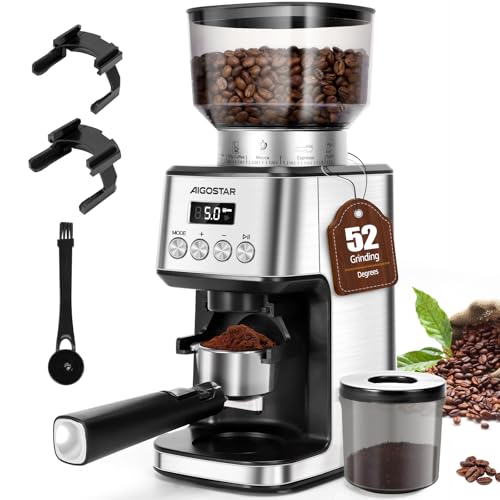 Image of Aigostar Conical Burr Coffee Grinder Electric, Coffee Bean Grinders Automatic, Adjustable Burr Mill with 52 Precise Grind Setting, Burr Coffee Grinder for Espresso Drip Coffee and French Press, Black