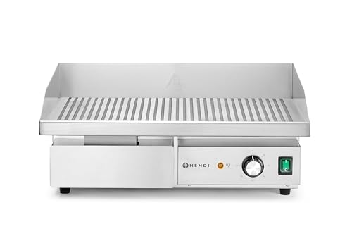 HENDI Grillplatte, gerillt, Entnehmbare Festtschublade, Temperatur bis 300°C regelbar, gleichmäßige Wärmeverteilung, Elektrogrill, Tischgrill, Gastrogrill, 230V/3000W, 550x430x(H)240mm, Edelstahl