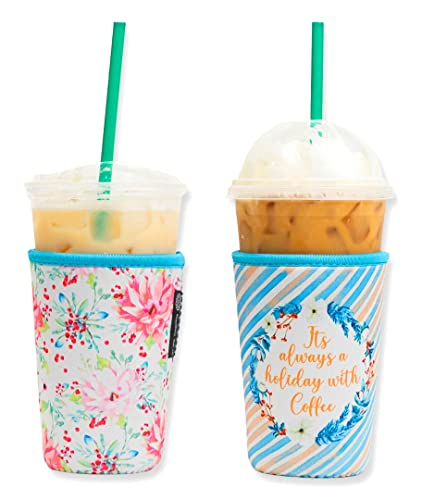 Baxendale Iced Coffee Sleeve for Medium Sized Cups - 2 Pack - Neoprene Iced Coffee Sleeve - Cup Sleeves for Cold Drinks Reusable Compatible with Starbucks, Dunkin (Holiday)