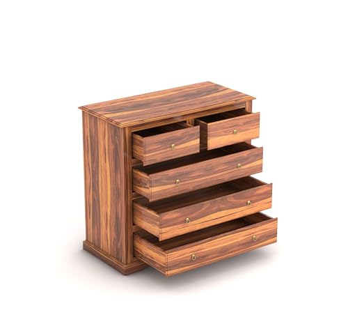Image of Sheesham Wooden Chest of Drawer for Living Room | Solid Wood Dresser Storage for Bedroom with 5 Drawer | Rosewood Cabinet Storage (Teak)