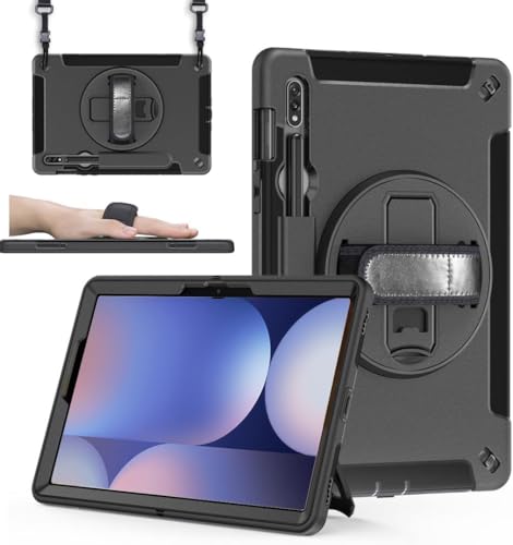 Junfire Case for Samsung Galaxy Tab S10+ / S9 FE+ / S9+ 12.4 inch, Rugged Protective Case with Screen Protector Rotating Stand Hand Strap Shoulder Belt for Samsung S10/S9 FE Plus Tablet Case, Black
