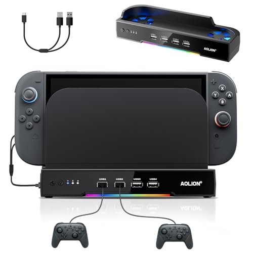 Cooling Fan for Switch 2, Cooling Fan Docking Station for Switch 2, Dual-Fan, RGB Lighting, 4 USB Expansion, Wall-Mountable Design – Efficient Heat Dissipation, Plug & Play, Adapter Compatible with Controller