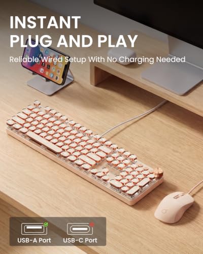 Image of EWEADN Wired Typewriter keyboard and Mouse Combo, Typewriter Style Mechanical Gaming Keyboard,104 Keys Backlit LED Keyboards, Media Control Knob, Wired Keyboard Pink Switch for Windows /Mac /PC-Pink
