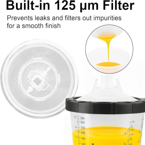 Image of Paint Spray Gun Disposable Cups System, 650ml (22oz) Automotive Paint Mixing Kit with 45 Lids & Liners, 125 Micron Filter, Hard Cup, Plugs for HVLP & LVLP Automotive Spray Guns