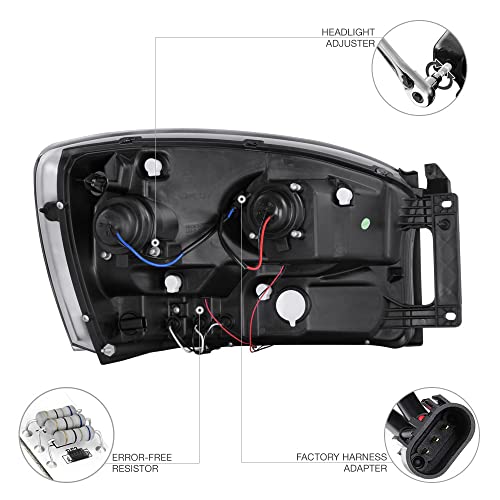 [For 2006-2008 Compatible With Dodge Ram 1500 2500 3500] Led Halo Ring Chrome Projector Headlight Headlamp Assembly, Driver & Passenger Side #TOP3