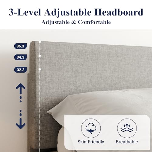 Allewie Queen Bed Frame with Upholstered Adjustable Headboard, Platform Bed with Wood Slats, Heavy Duty Mattress Foundation, No Box Spring Needed, Easy Assembly, Light Grey