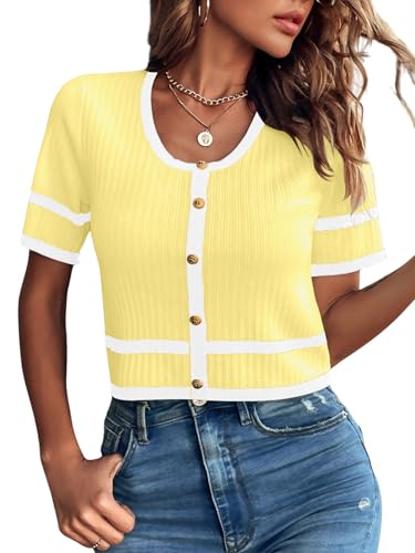 Image of Verdusa Women's Cropped Sweater Old Money Clothes Short Sleeve Lightweight Sweater Fall Trendy Knit Top