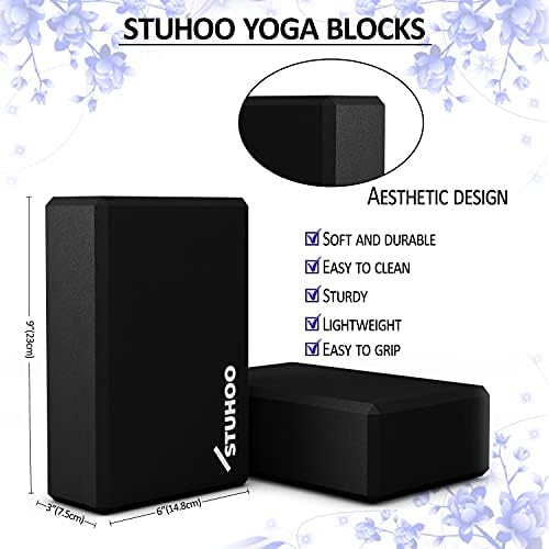 STUHOO Yoga Block Set of 2 and Yoga Strap Includes Descriptive E-book for Beginners Sturdy Yoga Brick & Lightweight Eva Foam Block Support Deepen Poses, Provides Strength & Stability for Pilates Practice