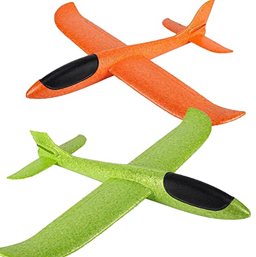 Foam Airplane Toy — Hand Glider Airplane Fun Outdoor Activities For Kids — Double Gift Set Of 2 Large Styrofoam Throwing Planes, Outside Games For Backyard, Birthday Party Favors — Green, Orange Color #TOP4