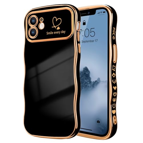 LCHULLE for iPhone 11 Case for Women Girls, Cute Wave Frame Curly Shape with Love Heart Pattern Raised Camera Protection Cover Luxury Plating Shockproof Phone Case for iPhone 11, Black