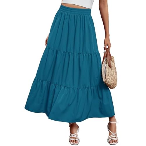 Arolina Maxi Skirt for Women Summer Boho Elastic High Waist Pleated A-Line Flowy Ruffle Swing Tiered Long Beach Skirt Dress Medium Peacock Blue