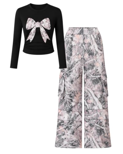 Image of Tween Girls Clothes 2 Piece Outfit Long Sleeve Top + Cargo Pants Fall Winter Clothing Set, Sizes 7-15 Years