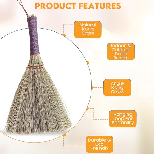 Image of Handmade Bamboo Grass Broom with Nylon Thread Handle - Angled Bristles for Sweeping Debris & Dust - Perfect for Carpet, Cobwebs & Dusting - Compact & Portable Cleaning Essential - 11 Inch
