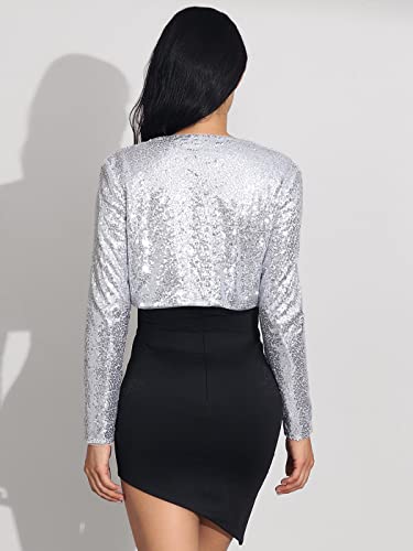 Aukmla Women Sequin Shrug Long Sleeve Sparkle Bolero Jacket Open Front Cropped Cardigan Party Evening Shawls And Wraps Silver #TOP5