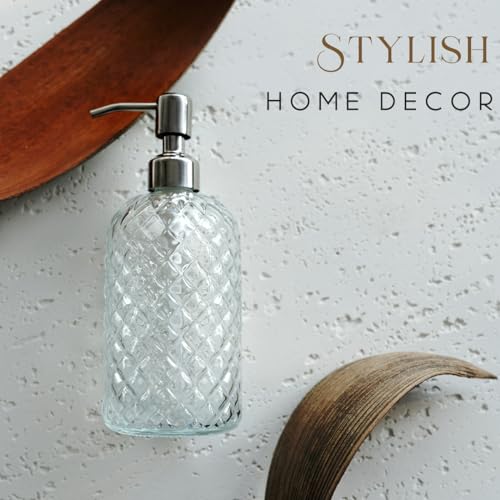 image for JASAI 18Oz Gem Patterned Clear Glass Soap Dispenser with Rust Proof Pu