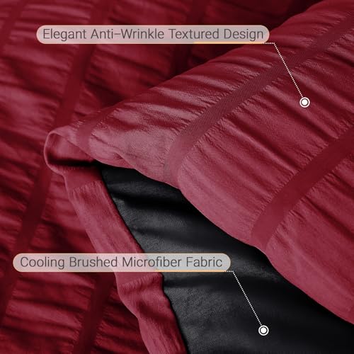 Image of MUXHOMO 7 Pieces Oversized King Comforter Set, Seersucker Bed in a Bag Oversized King Size, All Season Luxury Bedding Set with Comforter, Flat Sheet, Fitted Sheet, Pillowcases & Shams, Red & Black