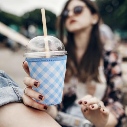Image of Reusable Insulated Sleeve for Iced Coffee Cup, Coffee Neoprene Sleeve for Cold & Hot Drinks, Beverage Holder for Iced Coffee (Sky Gingham, Large: 32oz)