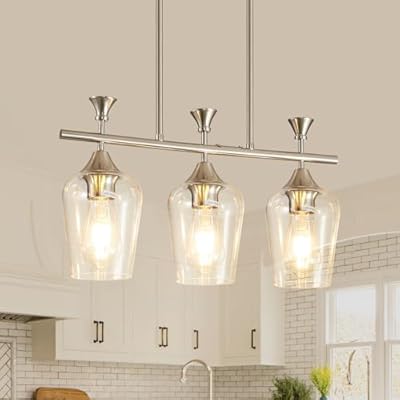 21.2" Dining Room Light Fixture/Chandelier Over Table, 3-Light Brushed Nickel Kitchen Island Lighting with Clear Glass Shade, Modern Hanging Pendant Lights Fixture for Kitchen Island, Dining Room, Bar