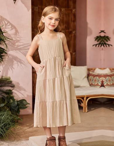Arshiner Girl's Sundresses Summer Boho Strap Tiered Cami Maxi Dresses with Pockets3