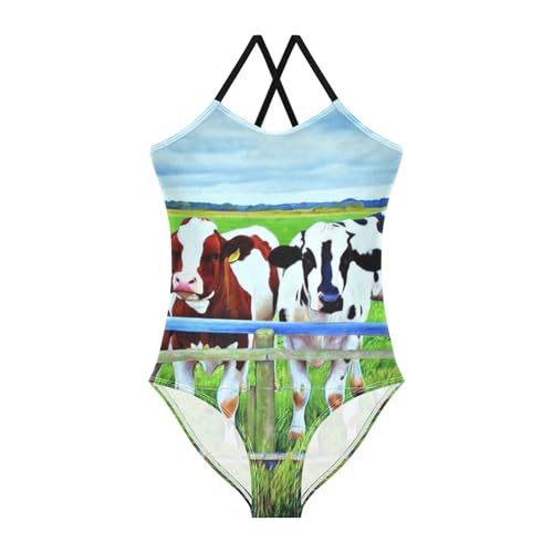 CHIFIGNO Grassland Cows One Piece Swimsuit Kids, Spaghetti Straps, Cross Back Design, Ages 3T