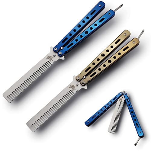 MHwan Butterfly Trainer, Butterfly Messer, 2 Stück Edelstahl Falten Butterfly Kamm, Glatt und Flexibel Butterfly Knife Trainer, Outdoor-Übungsgerät ohne scharfe Klingen für Anfänger (Blau, Gold)