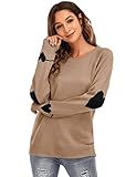 shermie Women's Cute Heart Pattern Elbow Patchwork Knitted Sweaters Long Sleeve Crew Neck Casual Pullover, B Camel, Small