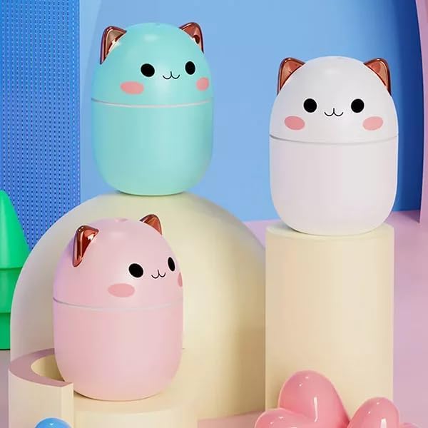 Humidificador Portátil Mini Forma Gato - Difusor de Aceites esenciales para oficina, hogar o escritorio - Alimentación USB, Silencioso y LED suave - 250ml - Rosa