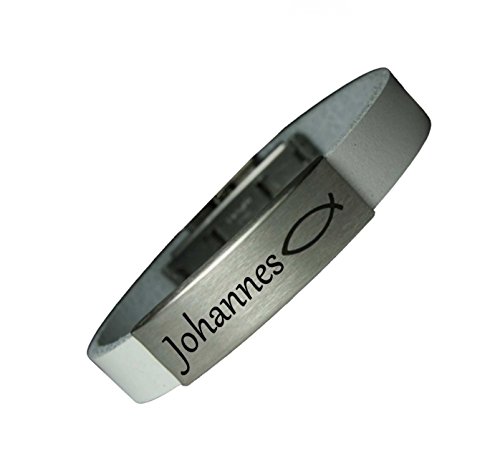 Tinasfunshop Fisch Glaube Kommunion Konfirmation Echt Leder Armband 12 mm mit Edelstahl Gravurplatte und Edelstahl Verschluss einschließlich eine Gravur Ihrer Wahl