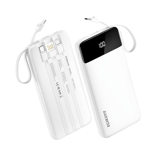 EGIKUYE Power Bank 10000mAh Portable Charger with 4 Built-in Cables, Type-C in & Out Phone Charger, External Battery Charger Pack & Travel Essential for iPhone 16/15/14, Samsung, iPad, Android