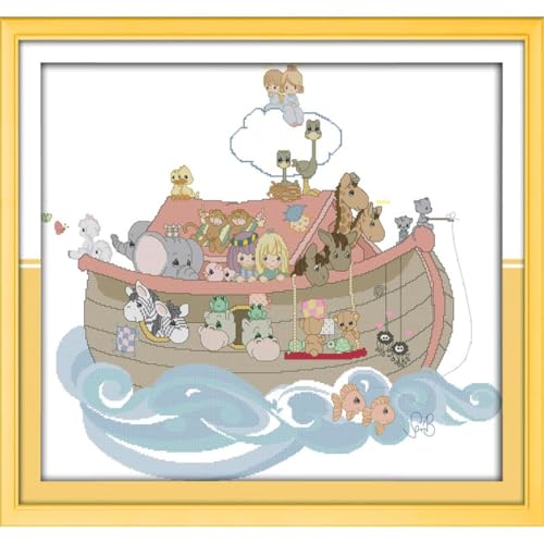 Image of JOYSEWING Cartoon Animal Boat Stamped Kits Cross Stitch for Adults 11CT Counted Patterns Easy DIY Gift Embroidery Kits for Beginner Animal Craft kit Home Decor (Noah's ark (Printed) 32.7x29.9 inch