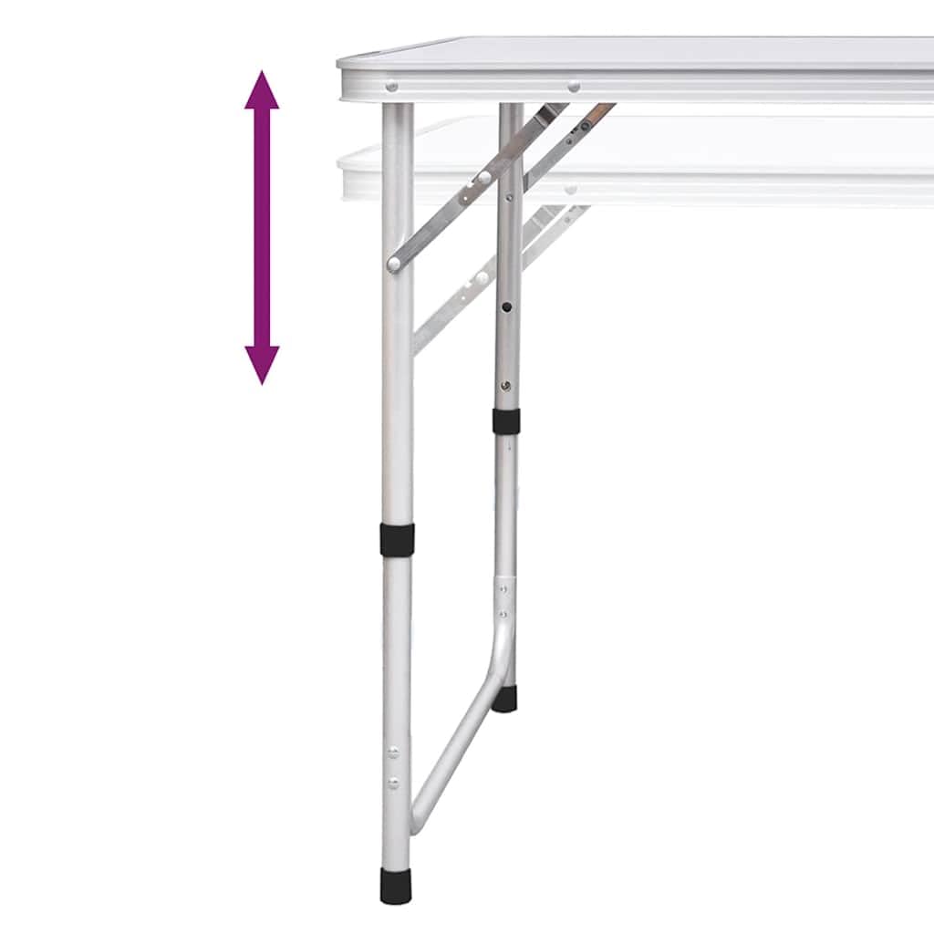 Składany stół kempingowy z 6 taboretami, regulacja wysokości 180 x 60 cm, aluminiowa rama i blat stołu z płyty MDF, przenośny, na piknik, taras, do ogrodu, na festiwal i kemping