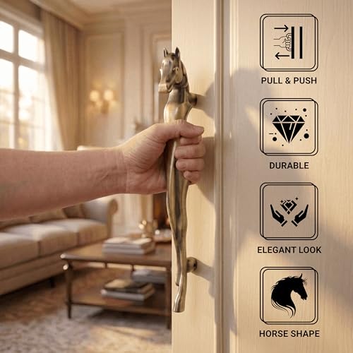 Image of GLOXY Premium Antique 12 inch Horse Shaped Main Door Handle with 8 inch Hole-to-Hole Spacing - Decorative Push & Pull Aluminium Wooden & Glass Door Handle for Home, Hotel, Office & Banquet Hall - Pack of 1