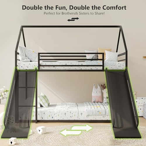 Tufons Metal Bunk Bed with Convertible Slide & House Roof Design - Twin-Over-Twin Low Frame | Full Guardrail, Montessori Style (Black)