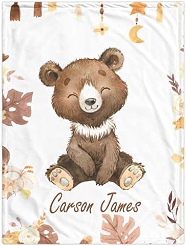Youltar Personalized Baby Blanket with Baby boy Name Custom Baby Blanket Soft and Comfortable Custom Bear Floral Blanket Perfect for Baby Girls, Newborns, Kids Birthday Gifts