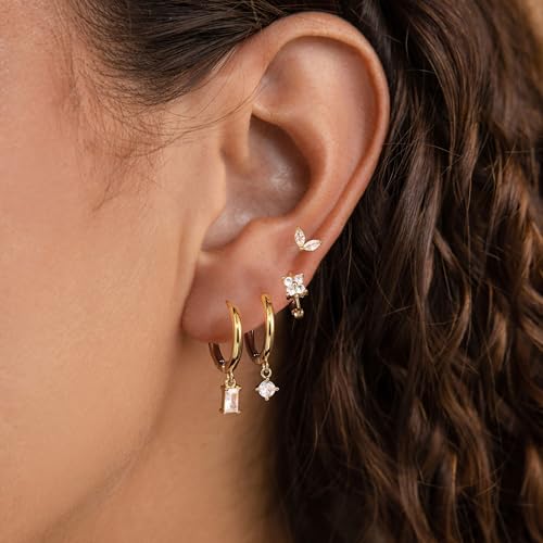 Image of Gold Earrings for Women, 14k Gold Plated Dangle Huggie Earrings for Women Trendy Dainty Gold Hoop Earring Stacks Hypoallergenic Pearl Chain Drop Cartilage Earring Fashion Womens Jewelry