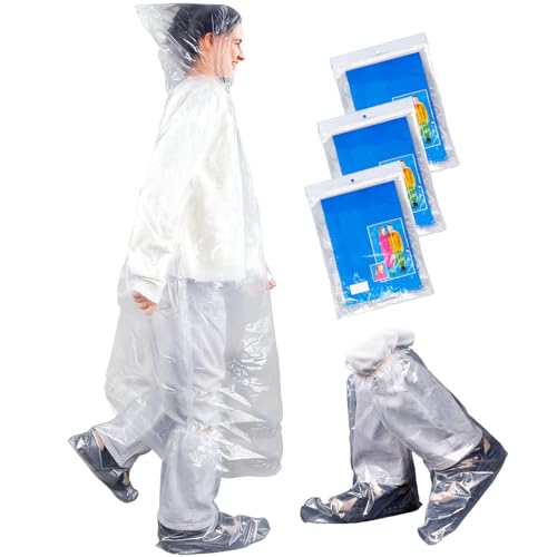 3 Pack Disposable Rain Ponchos And 3 Pairs Of Waterproof