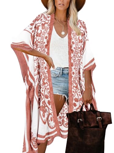 Moss Rose Women's Beach Cover up Swimsuit Kimono Cardigan with Bohemian Floral Print