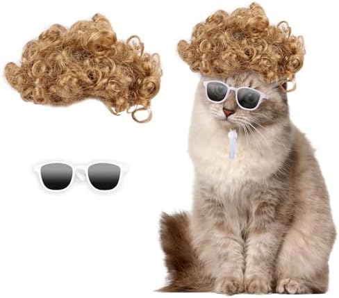 HOWWFALY Cat Apparel Cat Gold Afro Wig with White Small Glasses S...