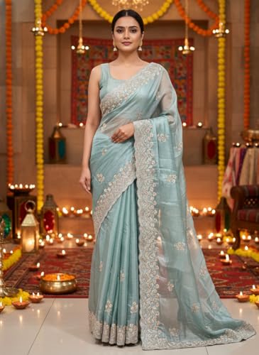 Image of Glory Sarees Women's Organza Chiffon Embroidery Work Scallop Border Saree With Blouse Piece (Chiffon101 Parent)