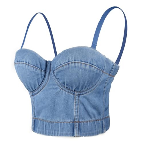 ELLACCI Women's Bustier Crop Top Jean Corset Top Bra with Detachable Straps Medium Blue