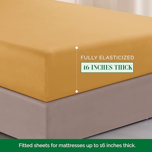 Image of Elegant Comfort Luxurious 1500 Premium Hotel Quality Microfiber Three Line Embroidered Softest 4-Piece Bed Sheet Set, Wrinkle and Fade Resistant, Full, Camel-Gold
