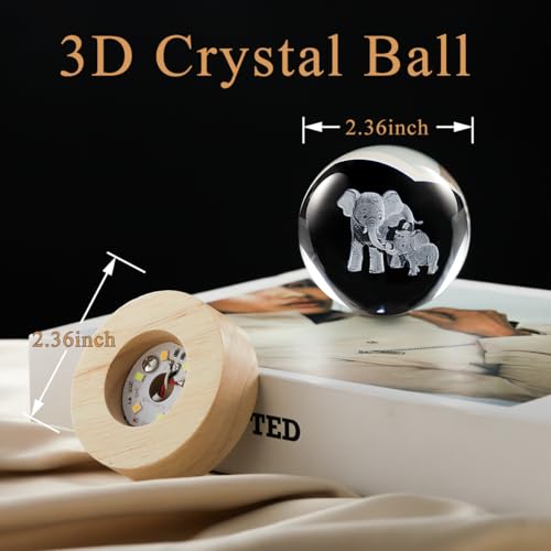 Image of 3D Elephant Crystal Ball Lamp with Dimmable LED and Wooden Base, Night Light for Kids Teens Adults, Home Desk Office Bedroom Decor, Birthday Gift (2.4 inch / 6cm)
