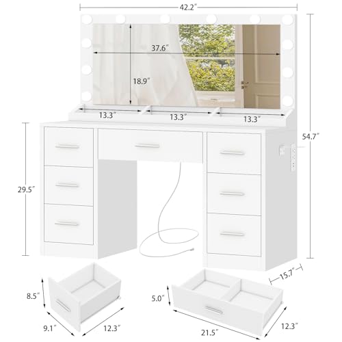 Image of FIONESO Vanity with Large Mirror and 12 LED Lights, Vanity Desk with 7 Drawers & Hairdryer Holder, Makeup Vanity Desk with Charging Station for Women, Girls, 3 Lighting Color Adjustable, White