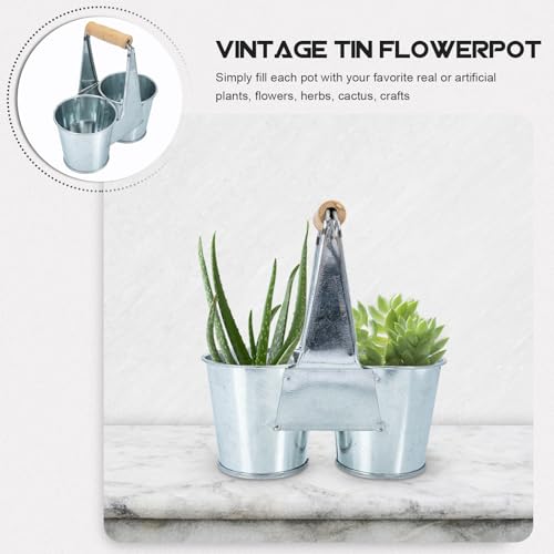 SHINYPASING Seau à Fleurs Léger et Portable en Fer Argenté Double Compartiment et Poignée en Bois pour Afficher des Fleurs Séchées ou Fraîches en Intérieur – vue 5