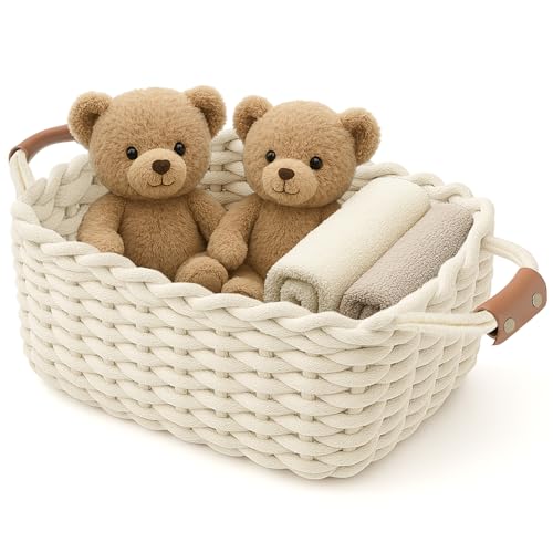 Aufbewahrungskorb Geflochten Waschbar und Faltbar Körbchen mit Ledergriffen Aufbewahrungs box ideal für Accessoires Kosmetika das Badezimmer (Weiß L33*W22*H15CM)
